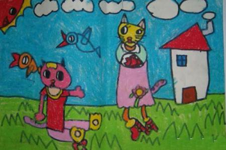 小猫和猫妈妈的野餐儿童蜡笔画图片大全