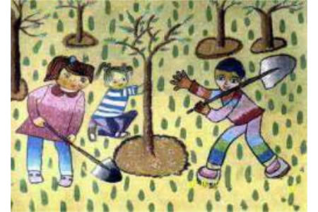 植树节儿童画欣赏-看看我们是怎样植树的