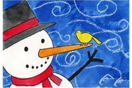 冬天画画比赛得奖的图片-雪人和小鸟