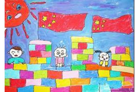 小学生国庆节儿童画-五星红旗下的我们