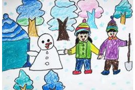 九岁关于雪的儿童画-我和伙伴堆雪人