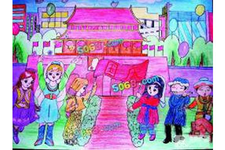 国庆节主题儿童画-国庆锣鼓喧天