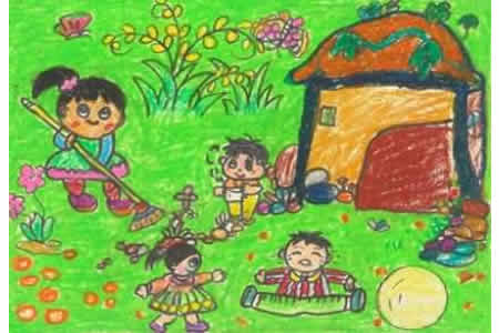幼儿园劳动节儿童画-互帮互助
