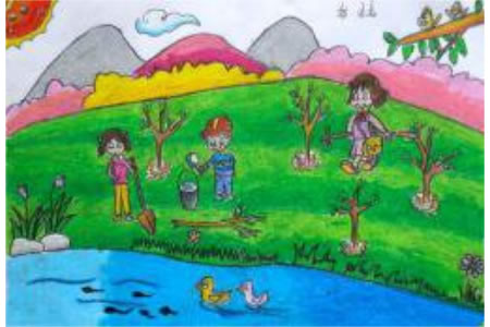 儿童画春天的树图画-我们一起来植树