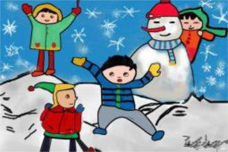 儿童画 和雪人一起玩耍
