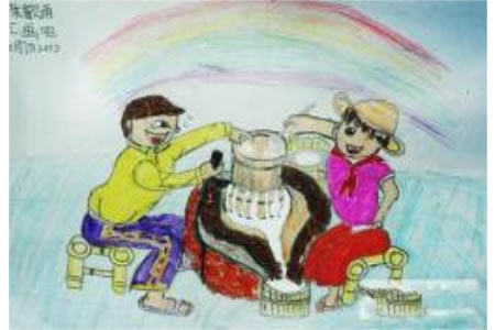 小学生国庆节儿童画-国庆磨豆子