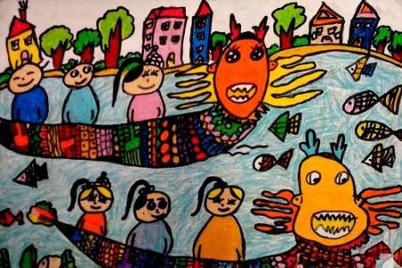 端午赛龙舟儿童画-在龙舟上游行