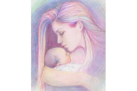 怀抱婴儿的妈妈妇女节儿童画教师范画