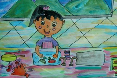 洗餐具的小女孩五一劳动节幼儿图画分享
