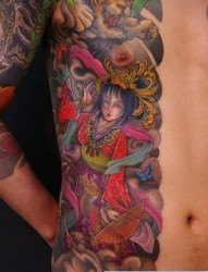 一张腹部彩色日本美女艺妓纹身图案