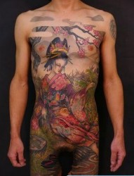 前胸彩色日本美女艺妓纹身图案