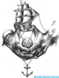 推荐一张欧美帆船手纹身手稿