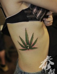 美女侧腰前卫精美的大麻叶纹身图片