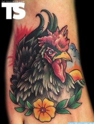 脚背上一张有趣的公鸡纹身图片