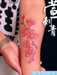 女孩子手臂彩色桃花纹身图片