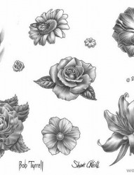 黑灰素描图片：玫瑰百合纹身向日葵纹身图片图案
