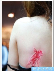金鱼纹身图片：背部彩色小金鱼纹身图案
