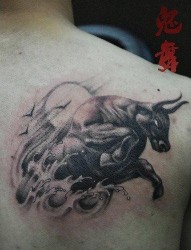 男性肩背凶悍的牛纹身图片