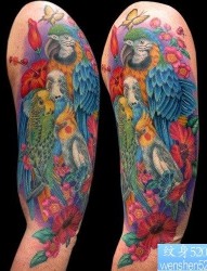 手臂前卫经典的彩色乌鸦纹身图片