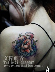 女人肩背前卫流行的一张小兔子纹身图片