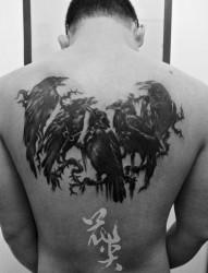 男生后背流行很帅的乌鸦纹身图片