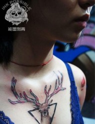美女胸前经典前卫的小鹿纹身图片