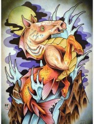 一张很酷经典的马头鱼尾兽纹身图片
