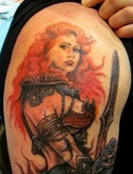 欧美美女纹身图片：手臂欧美美女战士纹身图案