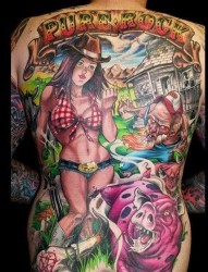 一张漂亮的满背牛仔女郎纹身图片