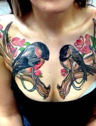 女性胸部漂亮的小鸟纹身