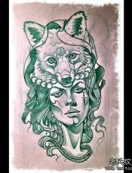 前卫漂亮的美女与狐狸纹身手稿