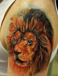 狮子纹身图片：手臂彩色3D狮子纹身图案