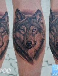 男生腿部超酷潮流的狼头纹身作品