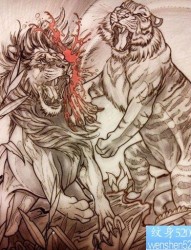 推荐一幅霸气的老虎斗狮子纹身手稿