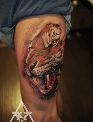 大腿上一幅霸气的虎头纹身图片