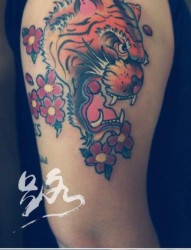 男生手臂经典时尚的彩色school虎头纹身图片