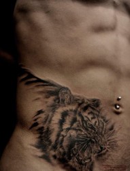 男生腹部经典很酷的虎头纹身图片