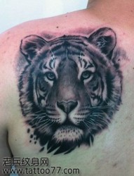 背部霸气的虎头纹身图片