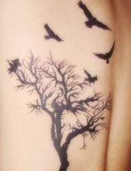 后背时尚经典的图腾树与小鸟纹身图片