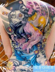 满背纹身图片：满背彩色美女樱花纹身图片纹身作品