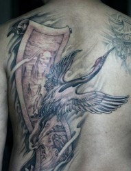 背部纹身图片：背部白鹤仙鹤丹顶鹤纹身图片纹身作品