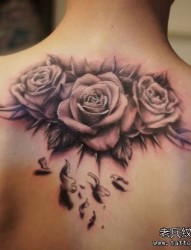女人背部好看的黑灰玫瑰花纹身图片