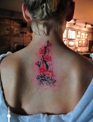 女人背部好看的彩色梅花纹身图片