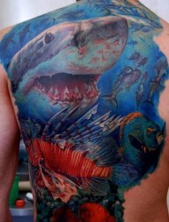 男生后背超酷的半背鲨鱼纹身图片