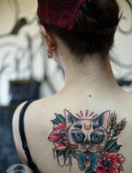 女人后背一幅时尚的school猫咪纹身图片