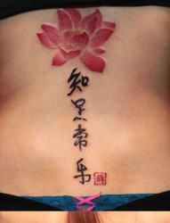 女人后背漂亮唯美的彩色莲花与书法汉字纹身图片