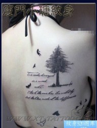 女人背部时尚潮流的小树与小鸟纹身图片