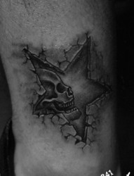 腿部一幅烙印五角星骷髅纹身图片