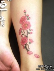 美女腿部漂亮的彩色桃花纹身图片