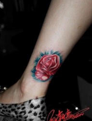 女人腿部漂亮的彩色玫瑰花纹身图片